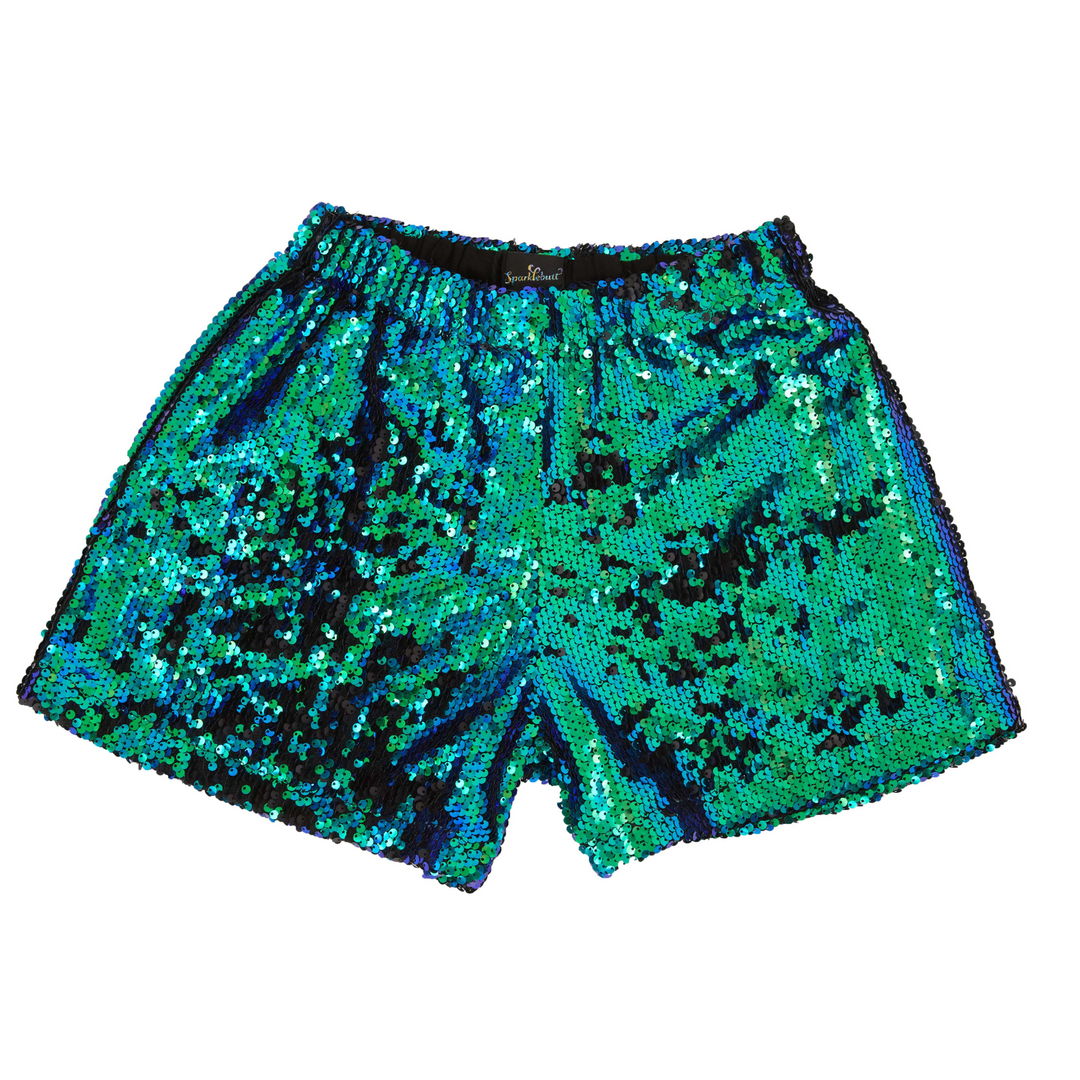 EMERALD BLUE GREEN SEQUIN SHORTS