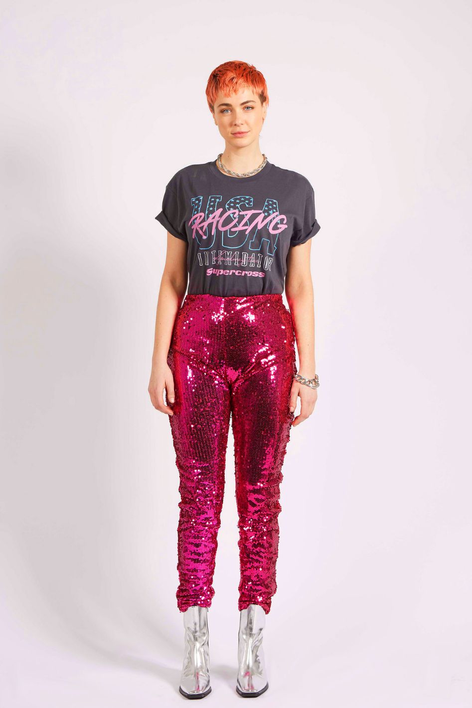 Woman wearing pink sequin pants